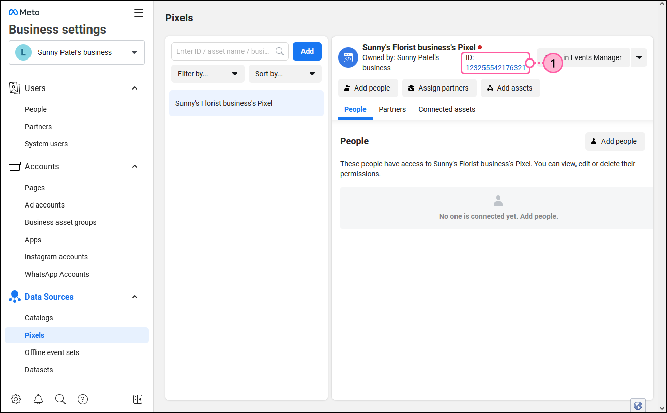 Meta Business settings with Data sources menu and Pixels option selected, with pixel ID