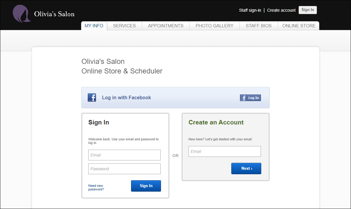 Example MINDBODY booking link with sign-in prompt