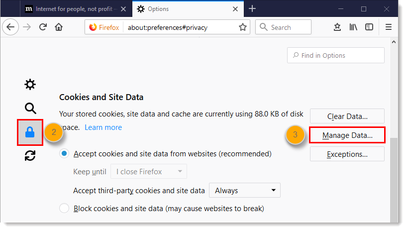 Privacy and security tab and Manage data button