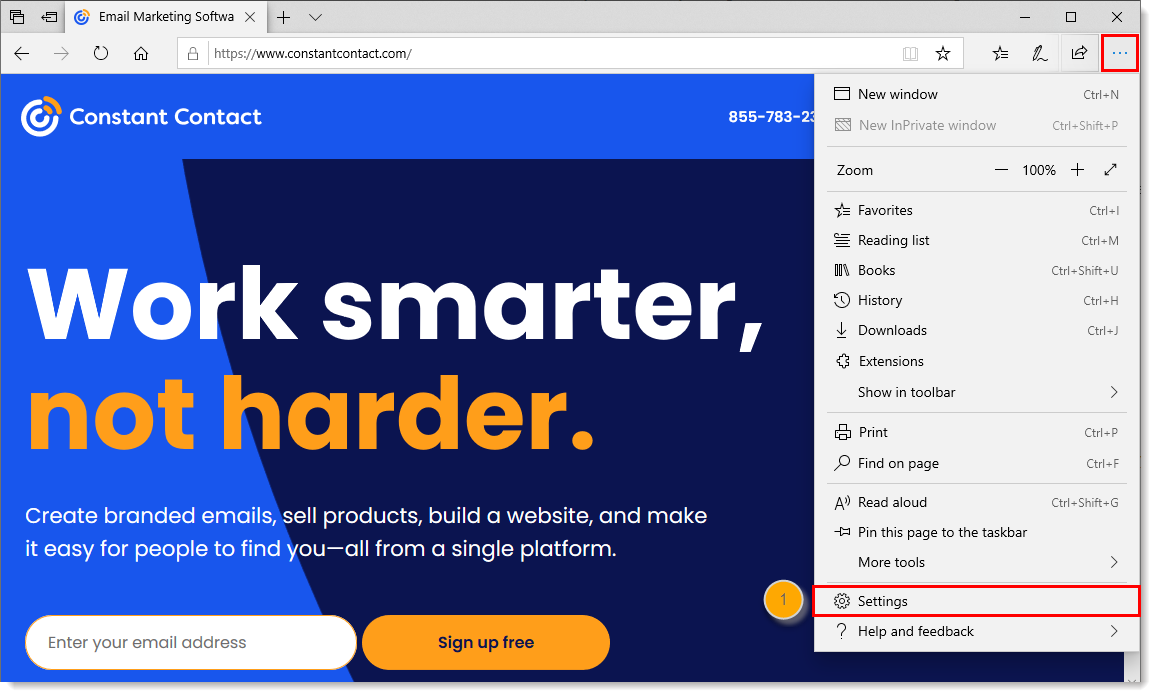 Browser menu expanded and Settings option