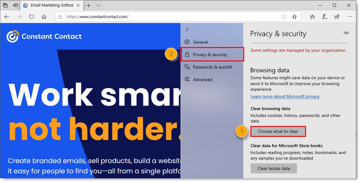 Privacy & security tab, and Choose what to clear button
