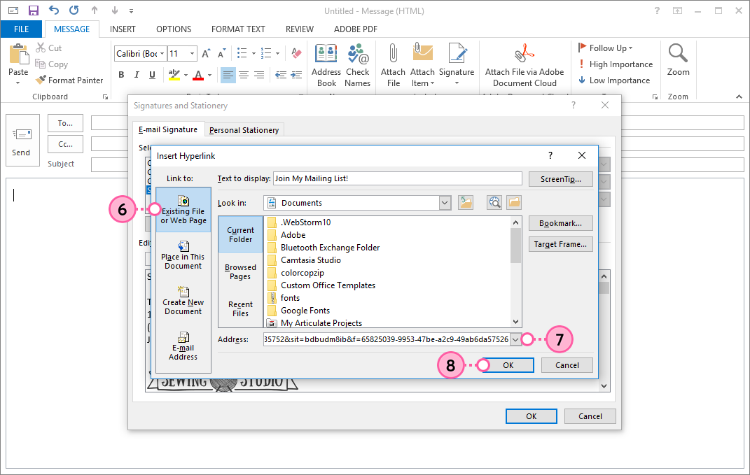 Tab Existing File or Web Page (Vorhandene Datei oder Webseite), Feld Address (Adresse) und Schaltfläche OK (O.K.)