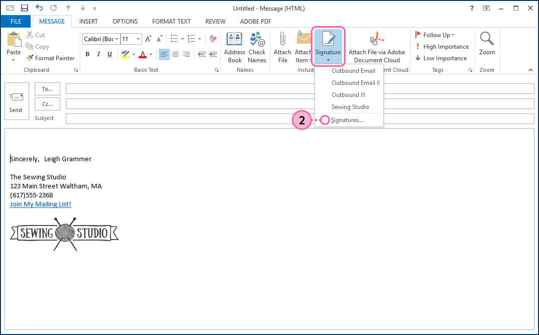 Dropdown-Menü Signature (Signatur) und Option Signatures (Signaturen)