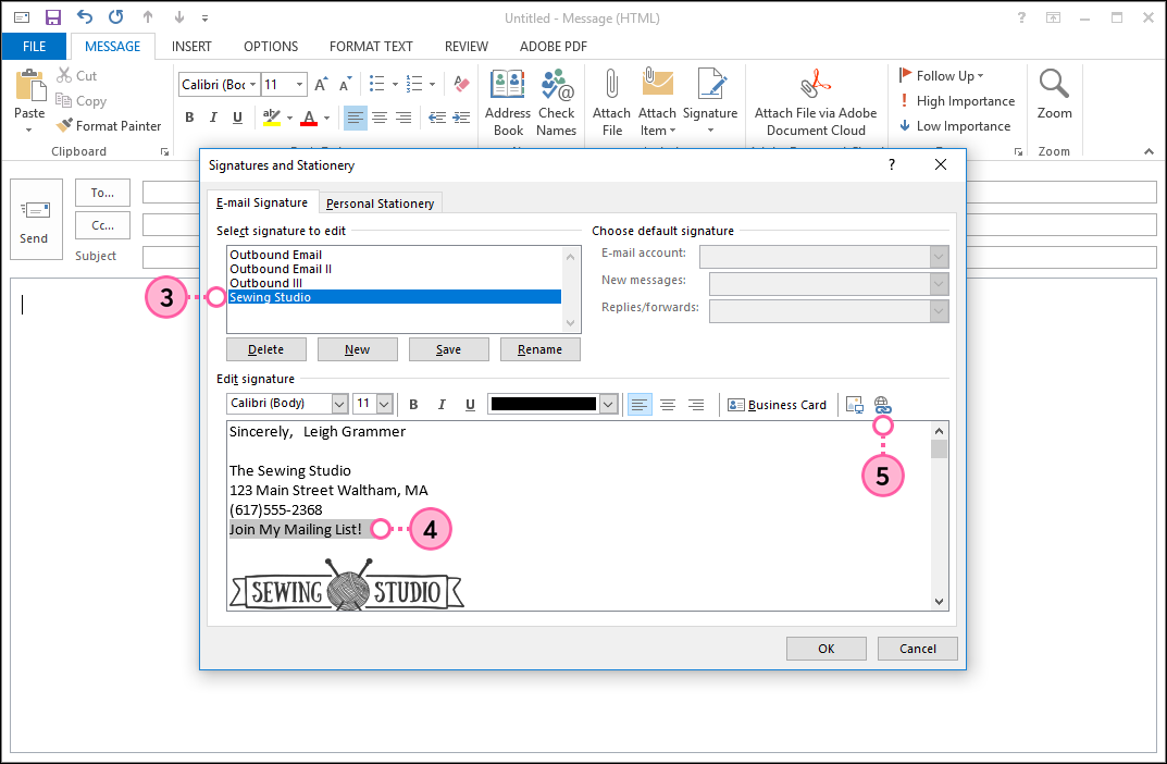 Optionen Signature (Signatur), Link-Text und Schaltfläche Link
