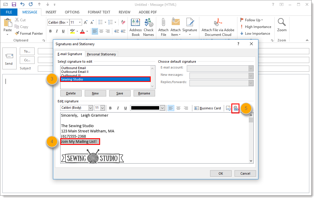 how to add signature at end of email outlook 365