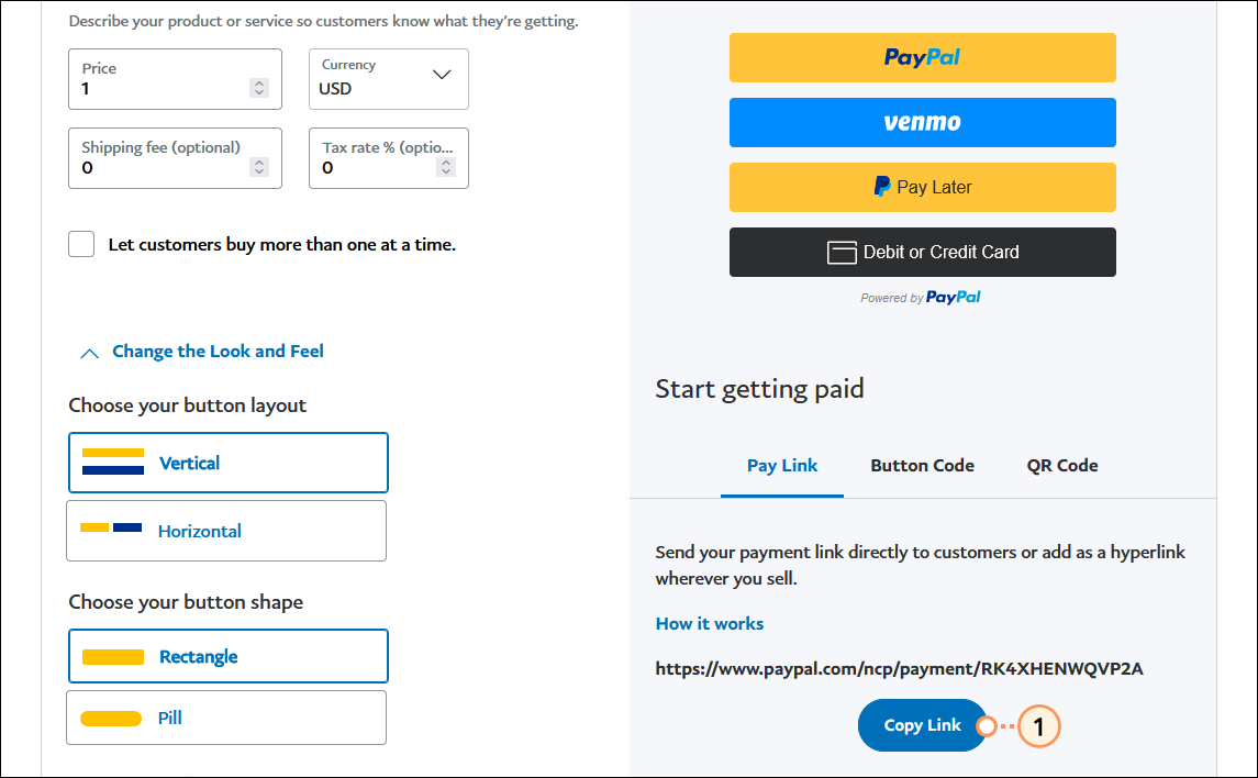 PayPal Pay Link and Copy Link button