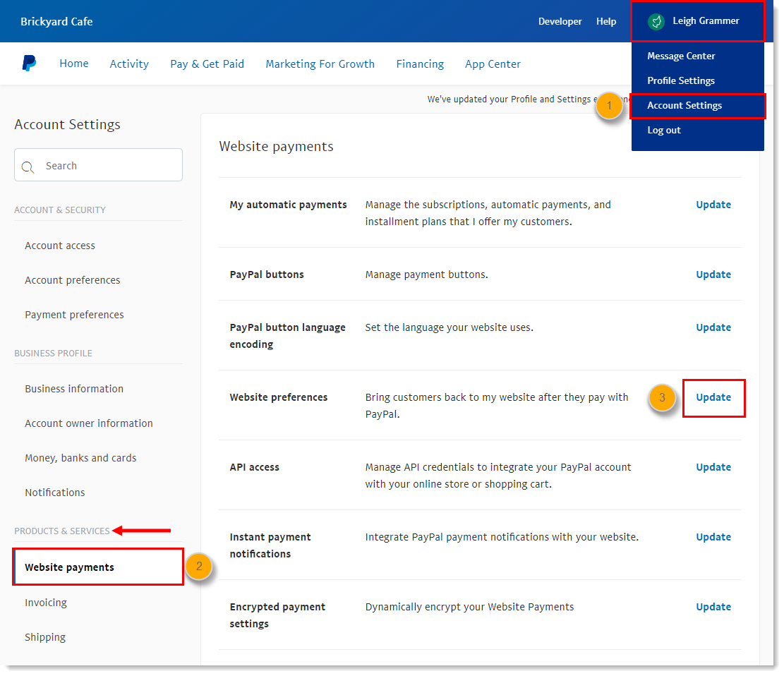 Paypal Business account owner drop-down menu and Account Settings option, Account settings page, Products & Services section, and Website payments tab, Website preferences option, and Update link