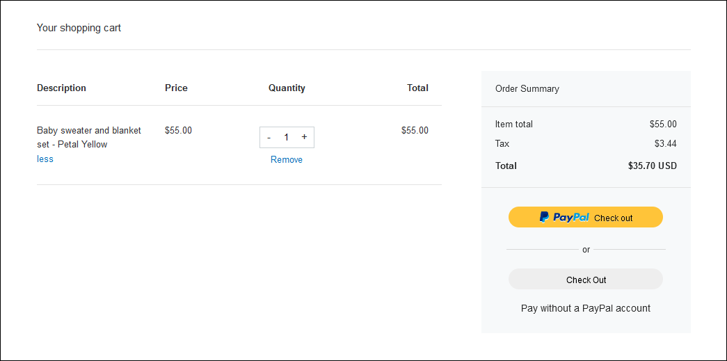 PayPal checkout page, Your shopping cart with Baby sweater and blanket set in Petal Yellow, and Order Summary with Tax and Total