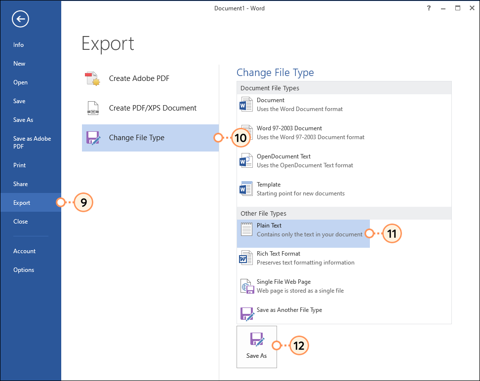 Tab Word Export, Tab Dateityp ändern, Option Einfacher Text und Schaltfläche Speichern unter