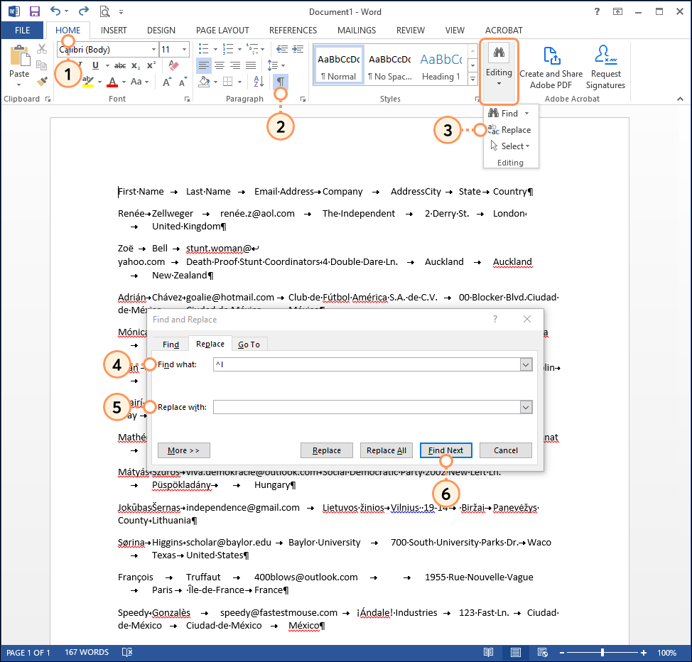 Tab Home, Schaltfläche Anzeigen/Verbergen, erweitertes Menü Bearbeiten, Option Ersetzen, Overlay Suchen und Ersetzen, Tab Ersetzen, Felder Suchen nach und Ersetzen und Schaltfläche Nächste suchen