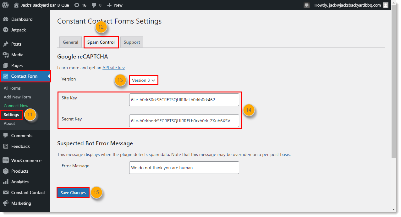 Wordpress Contact Form menu expanded and Settings option, Spam Control tab, Version drop-down menu, Site Key and Secret Key fields, and Save Changes button