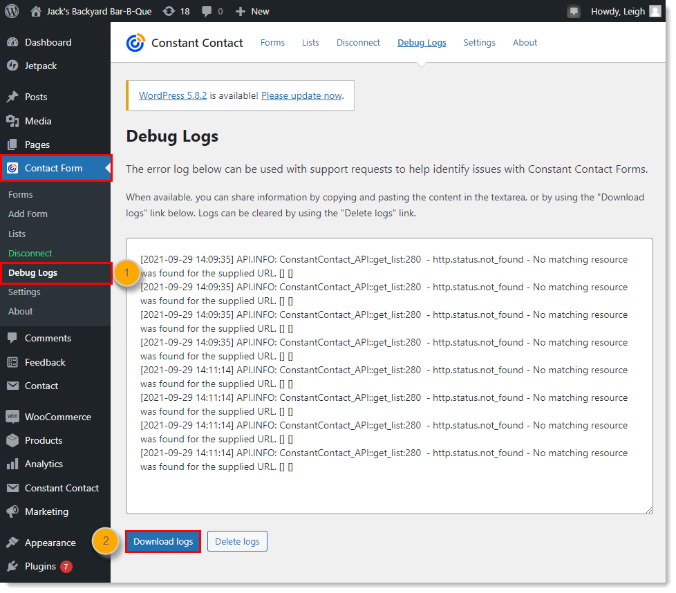 WordPress dashboard, Constant Contact Form menu expanded and Debug Logs options selected, error log, and Download logs button