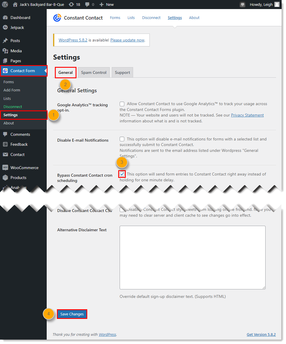 WordPress dashboard, Constant Contact Form menu expanded and Settings option selected, General tab selected, Bypass Constant Contact cron scheduling option selected, and Save Changes button