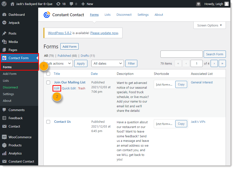 WordPress dashboard and Constant Contact Form menu expanded, Forms option selected, sign-up form and Edit option