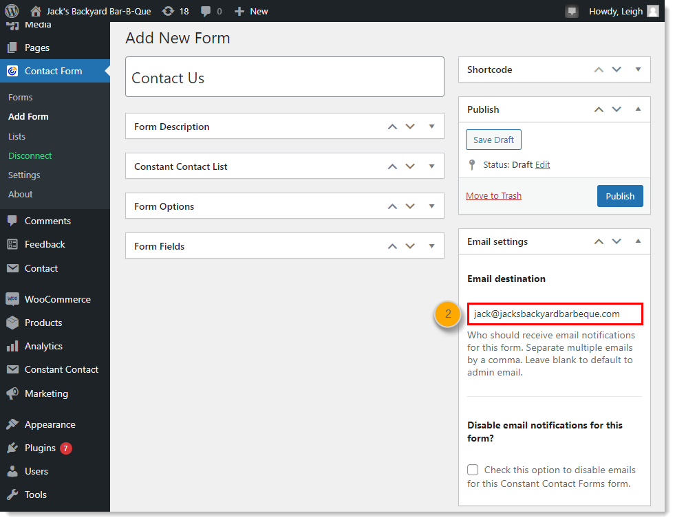 WordPress dashboard with Constant Contact Form menu expanded and Email Settings option expanded with Email destination field