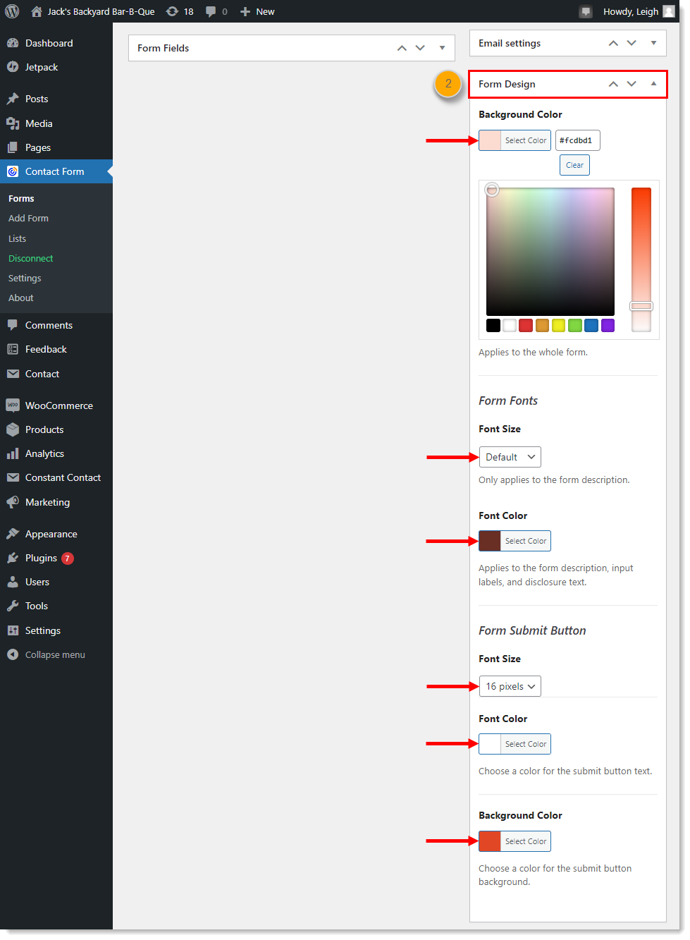 WordPress dashboard with Constant Contact Form menu expanded and Form Design menu expanded, with Background Color option, Form Fonts Font Size and Font Color options, Form Submit Button Font Size and Font Color options, and Background Color option