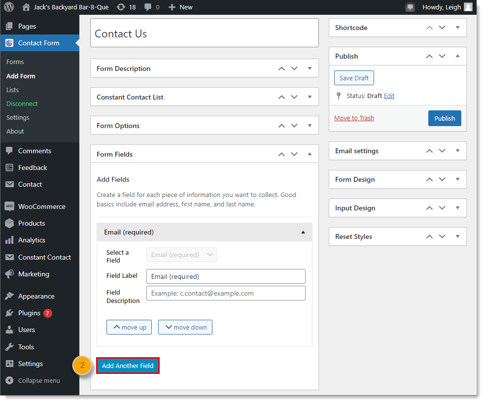 WordPress dashboard with Constant Contact Form menu expanded and Form Fields option expanded with required email address field and Add Another Field button