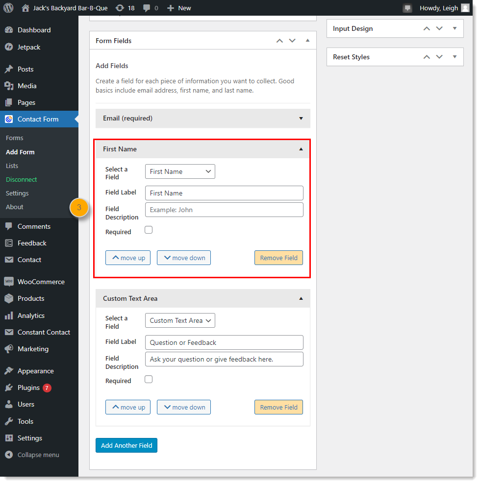 WordPress dashboard with Constant Contact Form menu expanded and Form Fields option expanded with First Name and Custom Text Area options