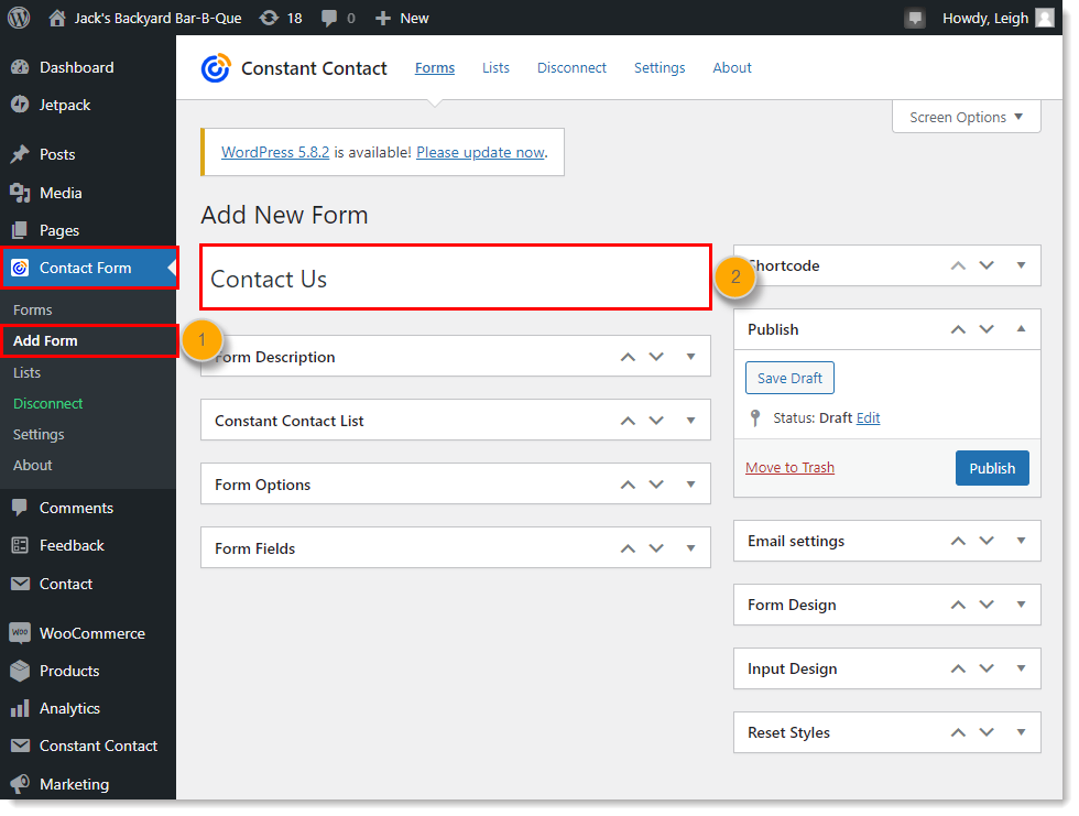 WordPress dashboard with Constant Contact Form menu expanded and Add Form option selected, Add New Form page and Form Name field