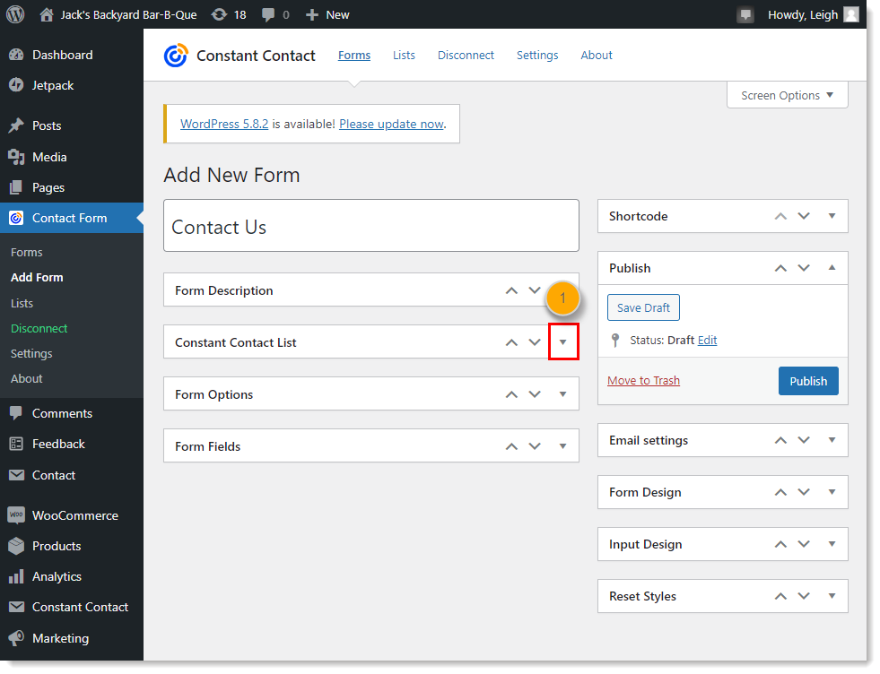 WordPress dashboard with Constant Contact Form menu expanded and Add Form option selected, Add New Form page and Constant Contact List section collapsed with drop-down menu icon