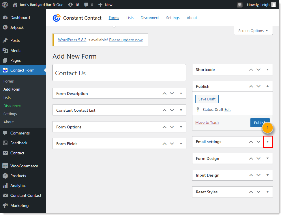 WordPress dashboard with Constant Contact Form menu expanded and Add Form option selected, Add New Form page and Email Settings section collapsed with drop-down menu icon