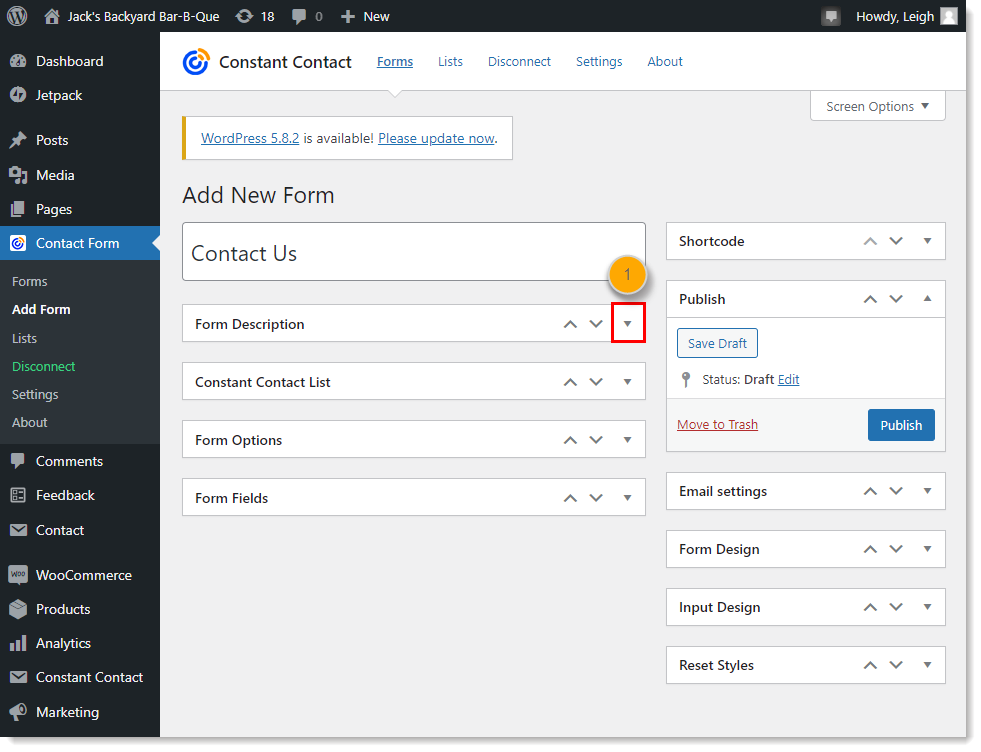 WordPress dashboard with Constant Contact Form menu expanded and Add Form option selected, Add New Form page and Form Description section collapsed with drop-down menu icon
