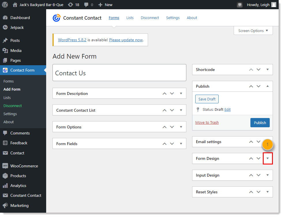WordPress dashboard with Constant Contact Form menu expanded and Add Form option selected, Add New Form page and Form Design section collapsed with drop-down menu icon