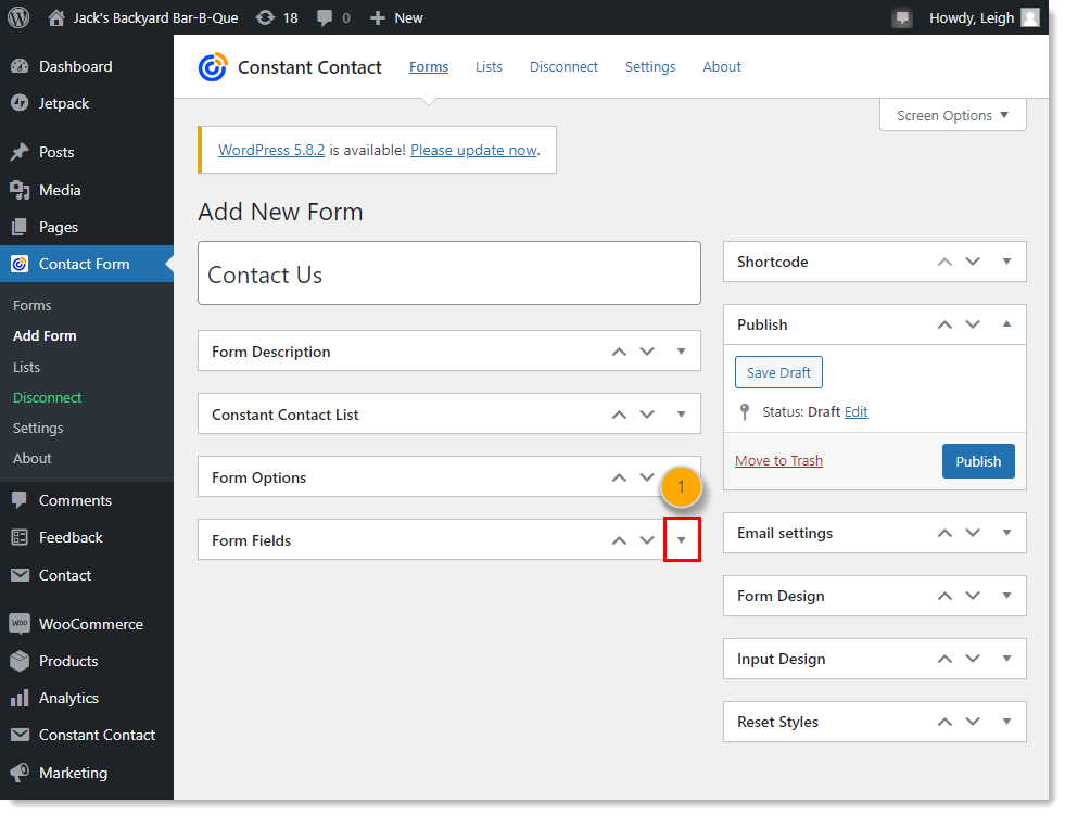 WordPress dashboard with Constant Contact Form menu expanded and Add Form option selected, Add New Form page and Form Fields section collapsed with drop-down menu icon