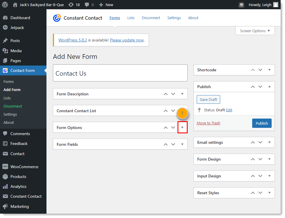 WordPress dashboard with Constant Contact Form menu expanded and Add Form option selected, Add New Form page and Form Options section collapsed with drop-down menu icon
