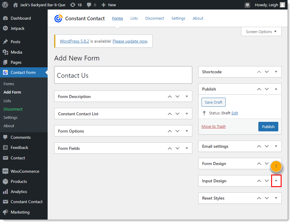 WordPress dashboard with Constant Contact Form menu expanded and Add Form option selected, Add New Form page and Input Design section collapsed with drop-down menu icon