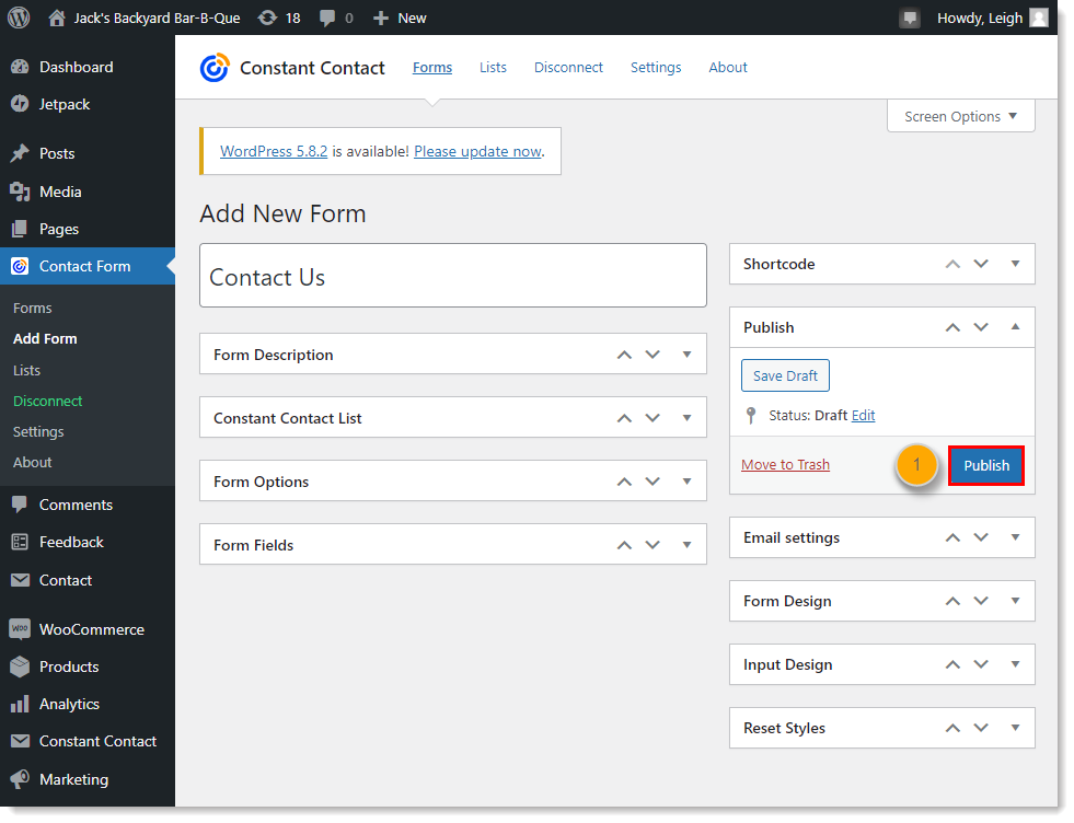 WordPress dashboard with Constant Contact Form menu expanded and Add Form option selected, Add New Form page and Publish section expanded and Publish button