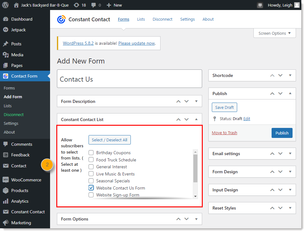 WordPress dashboard with Constant Contact Form menu expanded and Constant Contact List option expanded with list options displayed