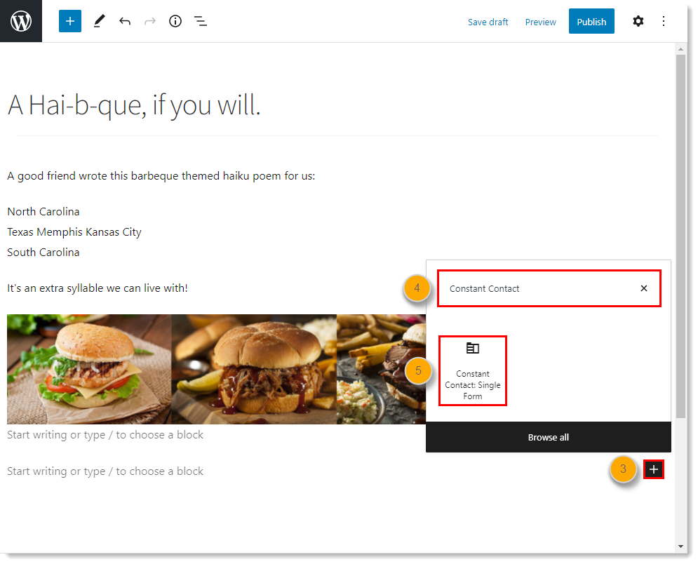 Éditeur de publication de WordPress, bouton d’ajout de nouveau bloc, champ de recherche de bloc et résultats de recherche avec option de bloc Constant Contact : Single Form (Formulaire unique)