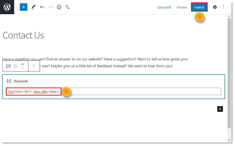 Éditeur de page WordPress avec bloc de code court, champ de code court avec show_title="false" et bouton de publication