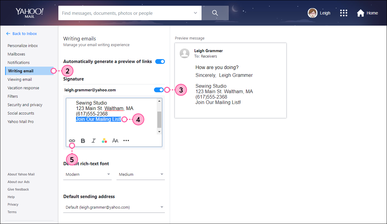 Option Writing Email (E-Mail schreiben), Umschalter Signature (Signatur), Link-Text und Schaltfläche Link