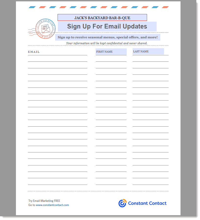 Example paper sign-up form