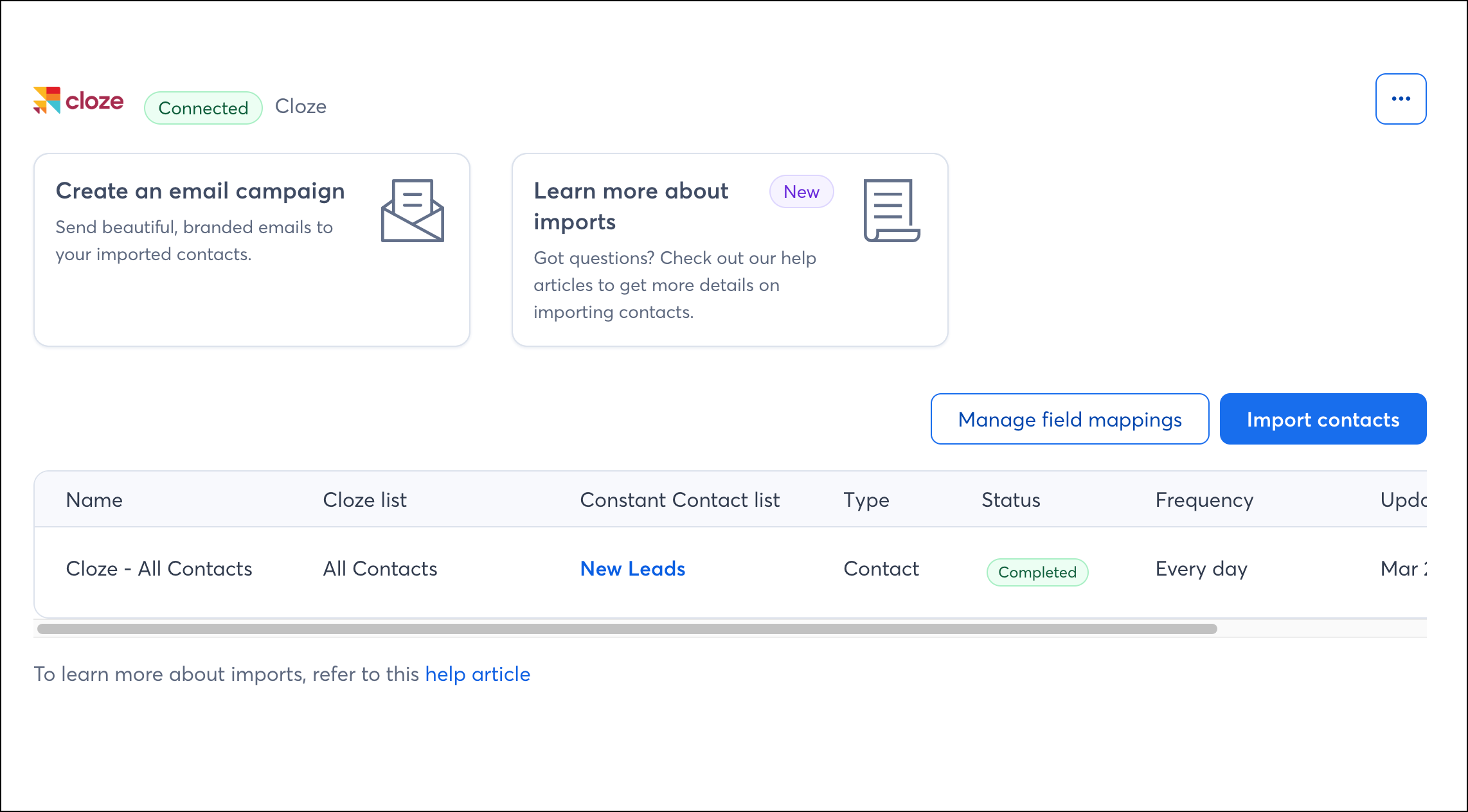 Cloze integration Import Contacts page