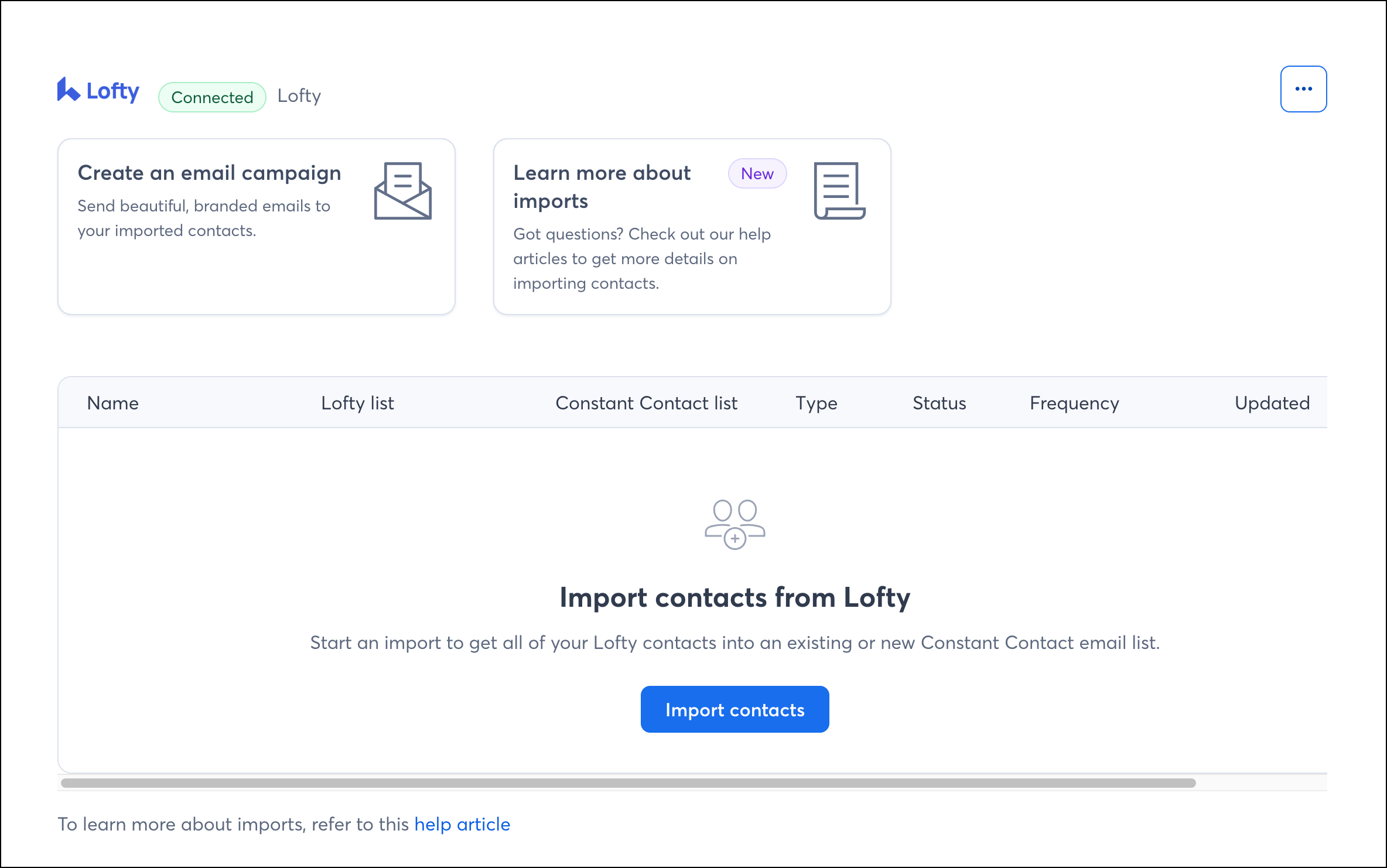 Lofty integration Import Contacts page