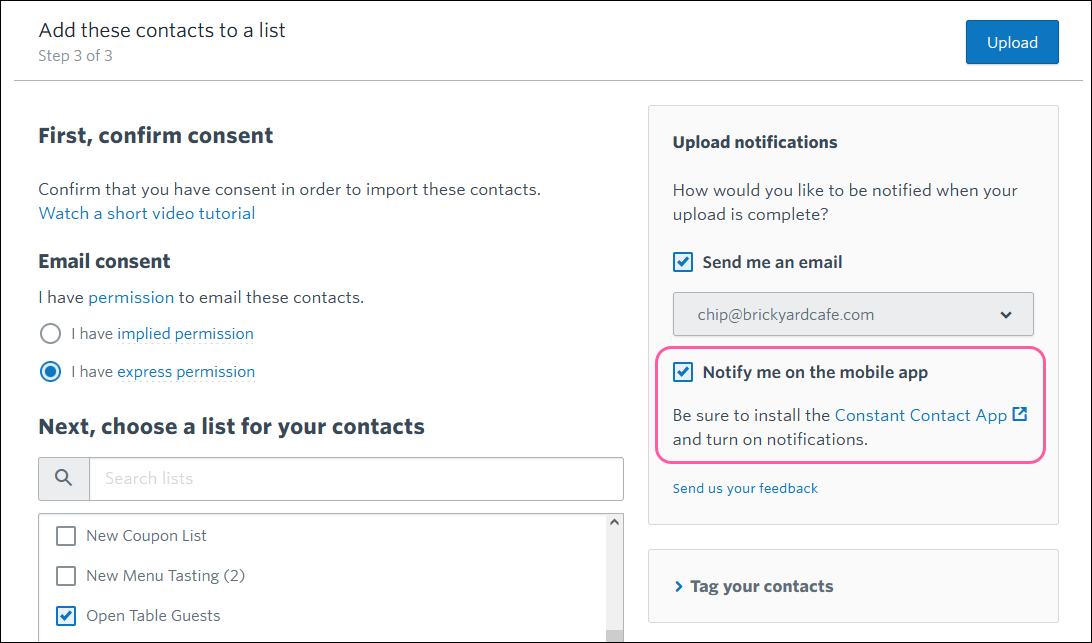Contacts file import List Selection page and Upload notifications options