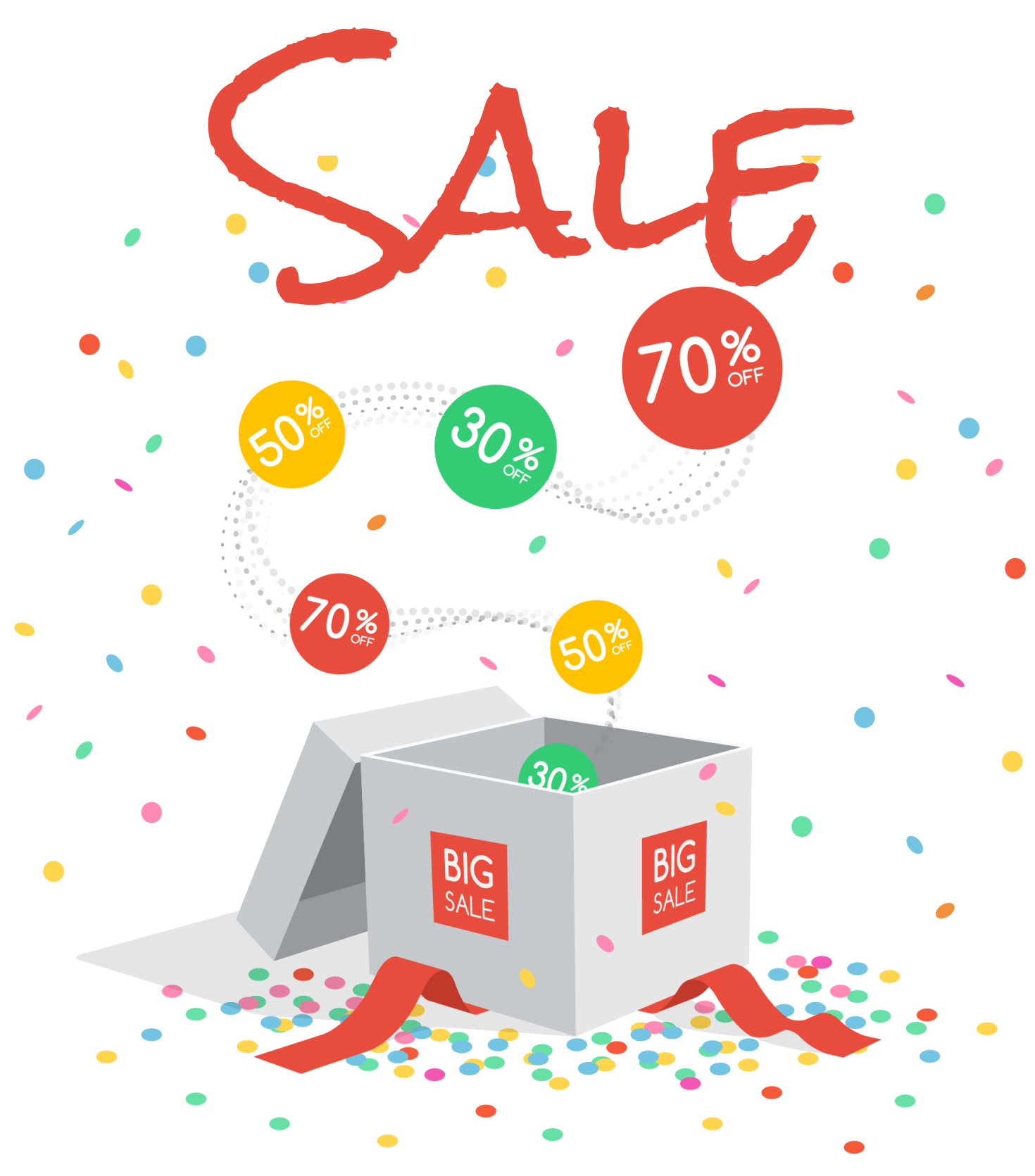 SALE. 70% OFF, 50% OFF, 30% OFF.