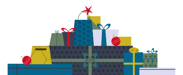 Graphic of lots of wrapped gifts.