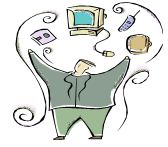 Cartoon man PC etc in air