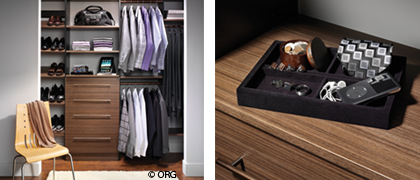 ORG reach-in closet for him in Cocoa and Black finish. Mini Jewelry tray.